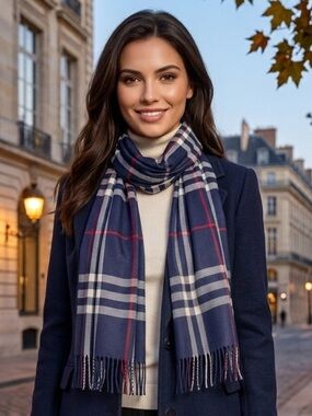 Burberry Cashmere Scarf Vintage Navy Plaid